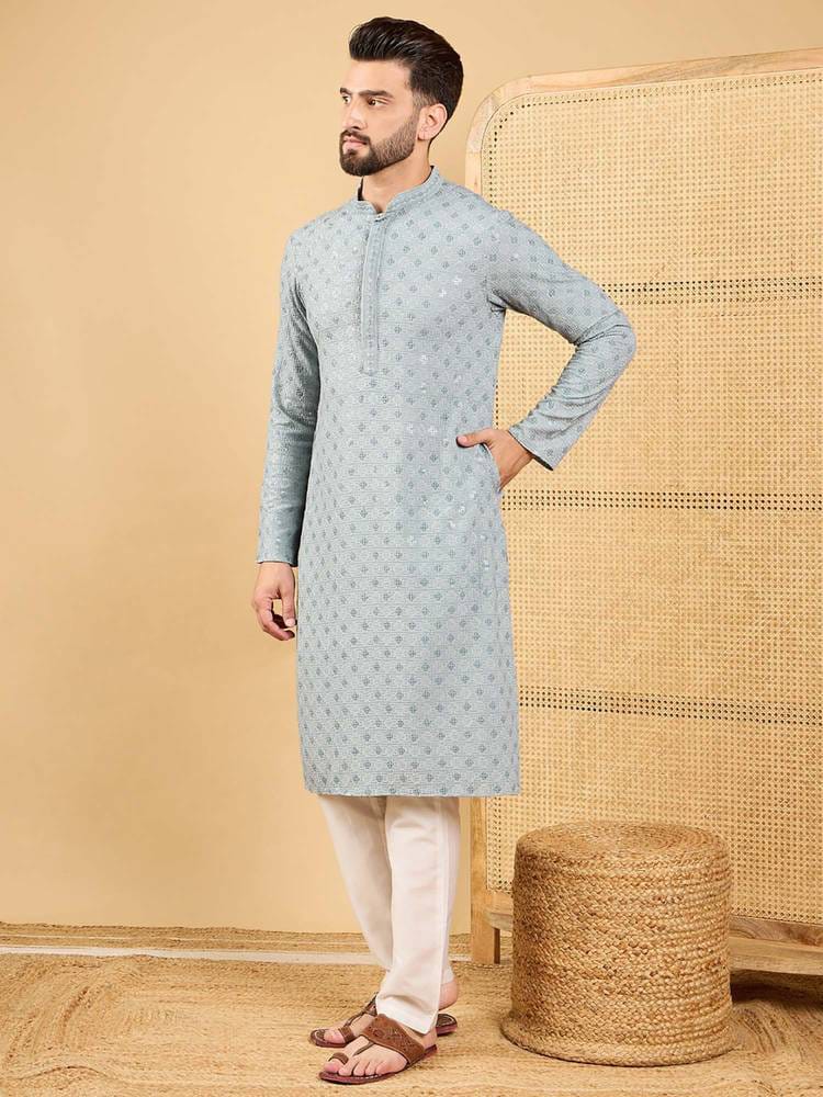 Men’s Light Grey Micro-Geometric Printed Kurta with Off-White Pyjama Set