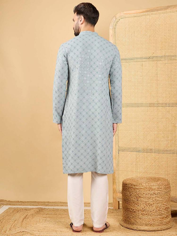 Men’s Light Grey Micro-Geometric Printed Kurta with Off-White Pyjama Set