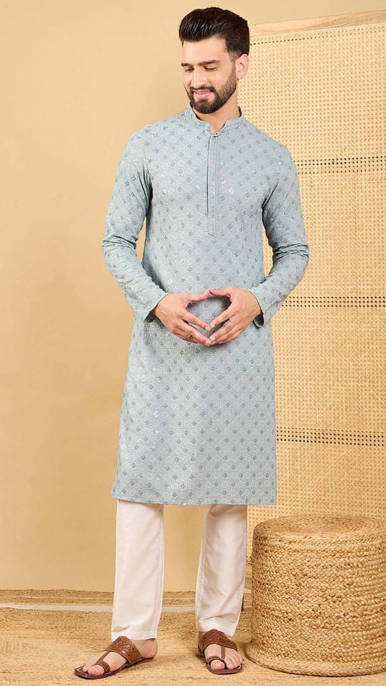 Men’s Light Grey Micro-Geometric Printed Kurta with Off-White Pyjama Set