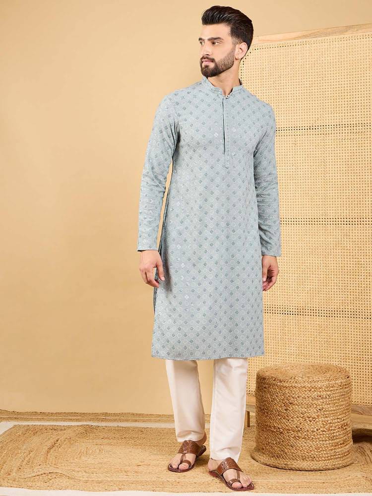 Men’s Light Grey Micro-Geometric Printed Kurta with Off-White Pyjama Set