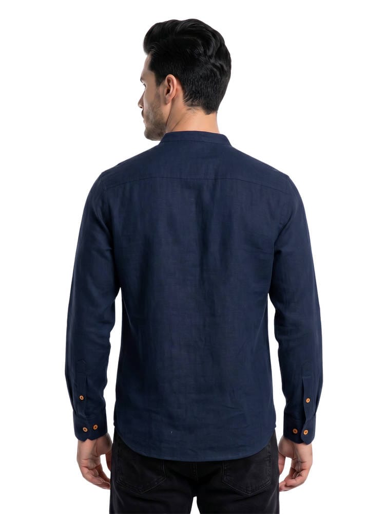 Men’s Solid Navy Blue Linen Mandarin Collar Short Kurta / Casual Shirt