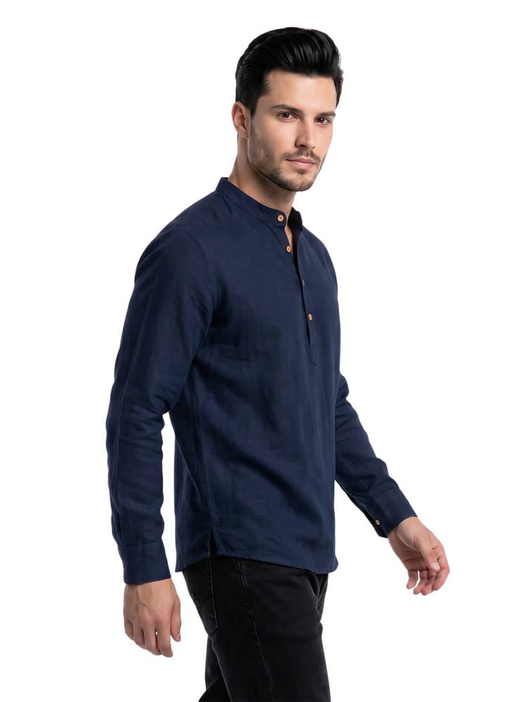 Men’s Solid Navy Blue Linen Mandarin Collar Short Kurta / Casual Shirt