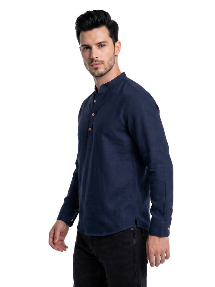 Men’s Solid Navy Blue Linen Mandarin Collar Short Kurta / Casual Shirt