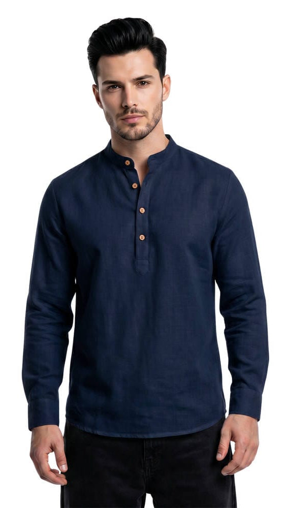 Men’s Solid Navy Blue Linen Mandarin Collar Short Kurta / Casual Shirt