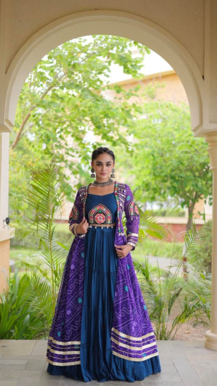 Royal Purple & Teal Blue Embroidered Indo-Western 3-Piece Ethnic Set with Long Jacket
