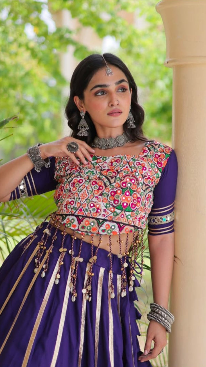 Multicolor Embroidered Mirror-Work Chaniya Choli / Lehenga Set – Purple & Multicolor