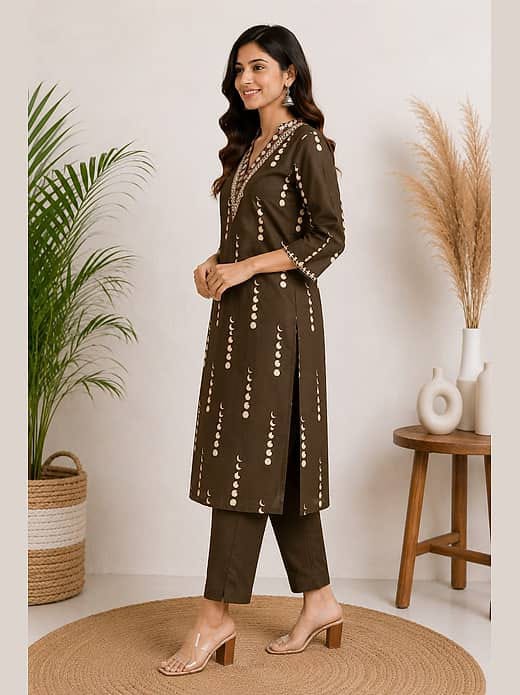 Women's Olive Green Printed Kurta with Trousers Set – V-Neck Ethnic Suit Set
