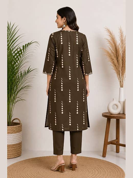 Women's Olive Green Printed Kurta with Trousers Set – V-Neck Ethnic Suit Set