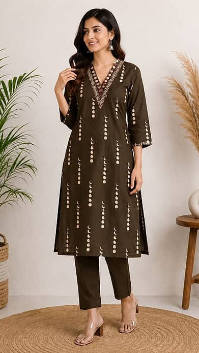 Women's Olive Green Printed Kurta with Trousers Set – V-Neck Ethnic Suit Set