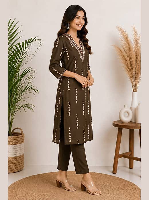 Women's Olive Green Printed Kurta with Trousers Set – V-Neck Ethnic Suit Set