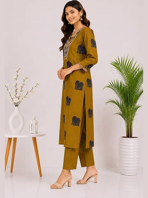 Women's Mustard Yellow Elephant Printed Kurta with Trousers Set – V-Neck Embroidered Ethnic Suit Set