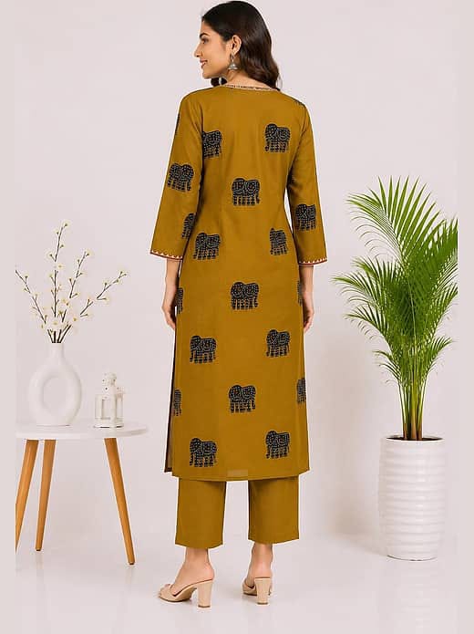 Women's Mustard Yellow Elephant Printed Kurta with Trousers Set – V-Neck Embroidered Ethnic Suit Set