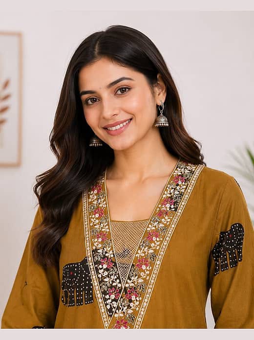 Women's Mustard Yellow Elephant Printed Kurta with Trousers Set – V-Neck Embroidered Ethnic Suit Set