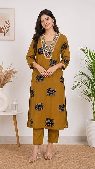 Women's Mustard Yellow Elephant Printed Kurta with Trousers Set – V-Neck Embroidered Ethnic Suit Set