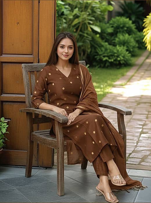 Women's Chocolate Brown Chanderi Silk Woven Booti Kurta Set with Dupatta & Trousers