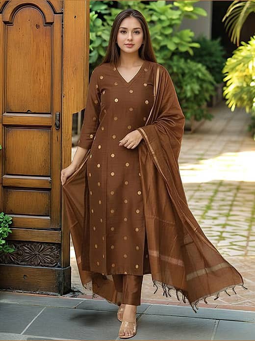 Women's Chocolate Brown Chanderi Silk Woven Booti Kurta Set with Dupatta & Trousers