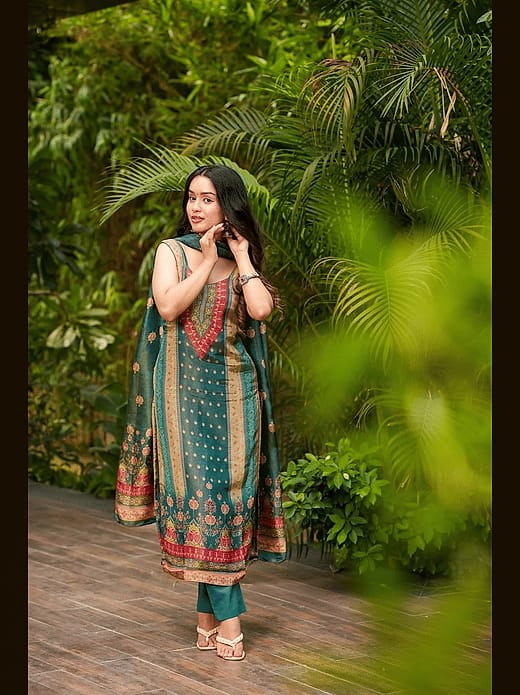 Women's Teal Green Printed Chanderi Silk Kurta Set with Matching Dupatta & Trousers