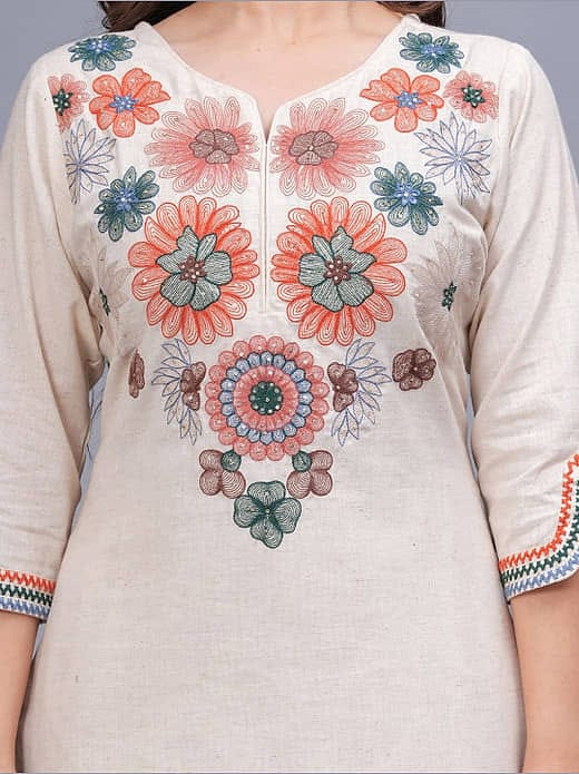 Women's Off-White Floral Threadwork Embroidered Kurta with Trousers Set – Elegant Ethnic Suit Set