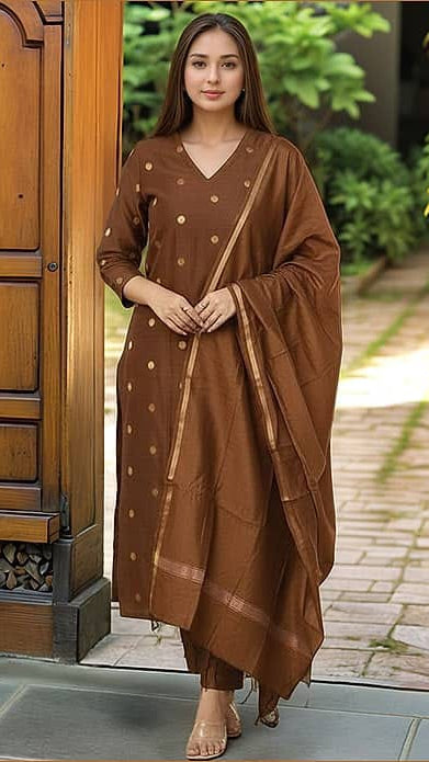 Women's Chocolate Brown Chanderi Silk Woven Booti Kurta Set with Dupatta & Trousers