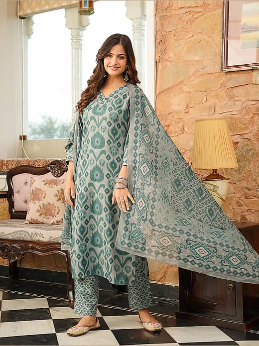 Women's Sea Green & Grey Ikat Printed Chanderi Silk Kurta Set with Dupatta & Trousers