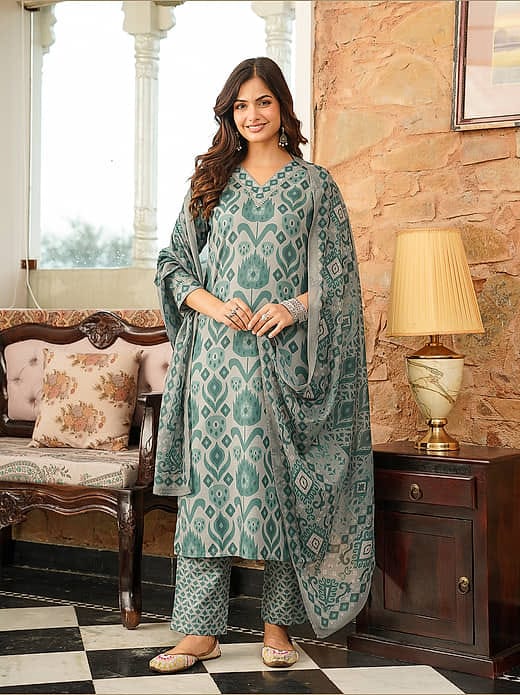 Women's Sea Green & Grey Ikat Printed Chanderi Silk Kurta Set with Dupatta & Trousers