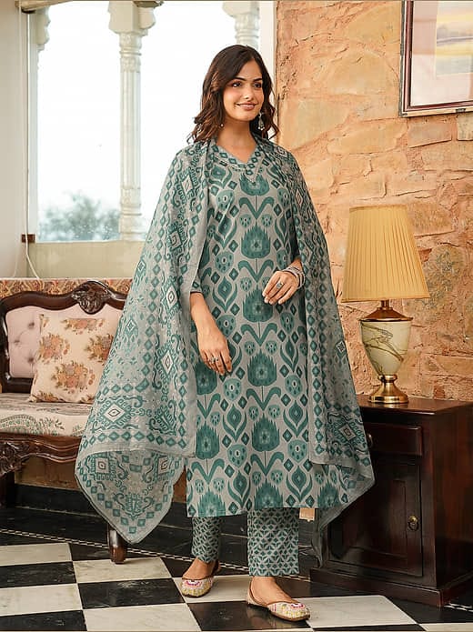 Women's Sea Green & Grey Ikat Printed Chanderi Silk Kurta Set with Dupatta & Trousers