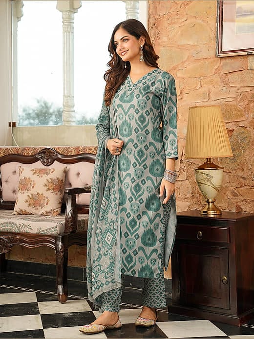 Women's Sea Green & Grey Ikat Printed Chanderi Silk Kurta Set with Dupatta & Trousers