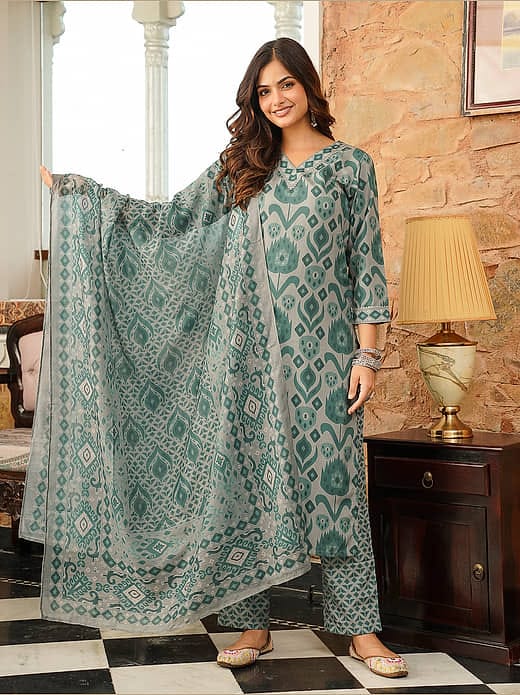 Women's Sea Green & Grey Ikat Printed Chanderi Silk Kurta Set with Dupatta & Trousers