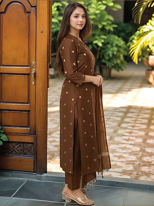 Women's Chocolate Brown Chanderi Silk Woven Booti Kurta Set with Dupatta & Trousers