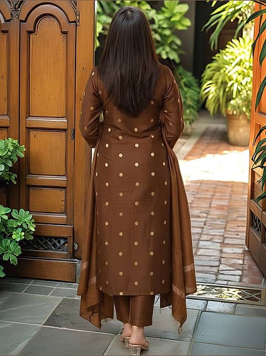 Women's Chocolate Brown Chanderi Silk Woven Booti Kurta Set with Dupatta & Trousers