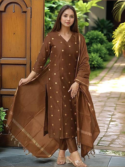 Women's Chocolate Brown Chanderi Silk Woven Booti Kurta Set with Dupatta & Trousers