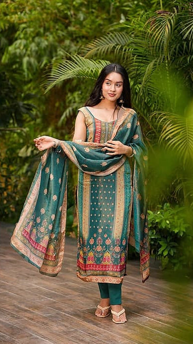 Women's Teal Green Printed Chanderi Silk Kurta Set with Matching Dupatta & Trousers