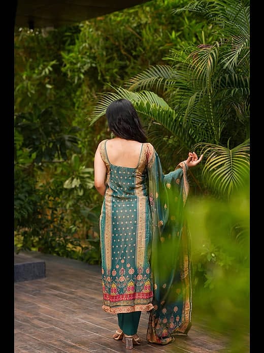 Women's Teal Green Printed Chanderi Silk Kurta Set with Matching Dupatta & Trousers
