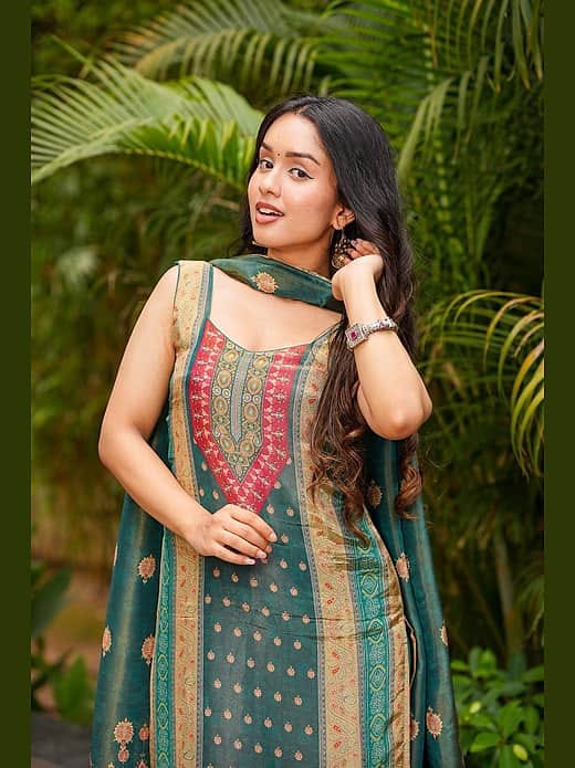 Women's Teal Green Printed Chanderi Silk Kurta Set with Matching Dupatta & Trousers