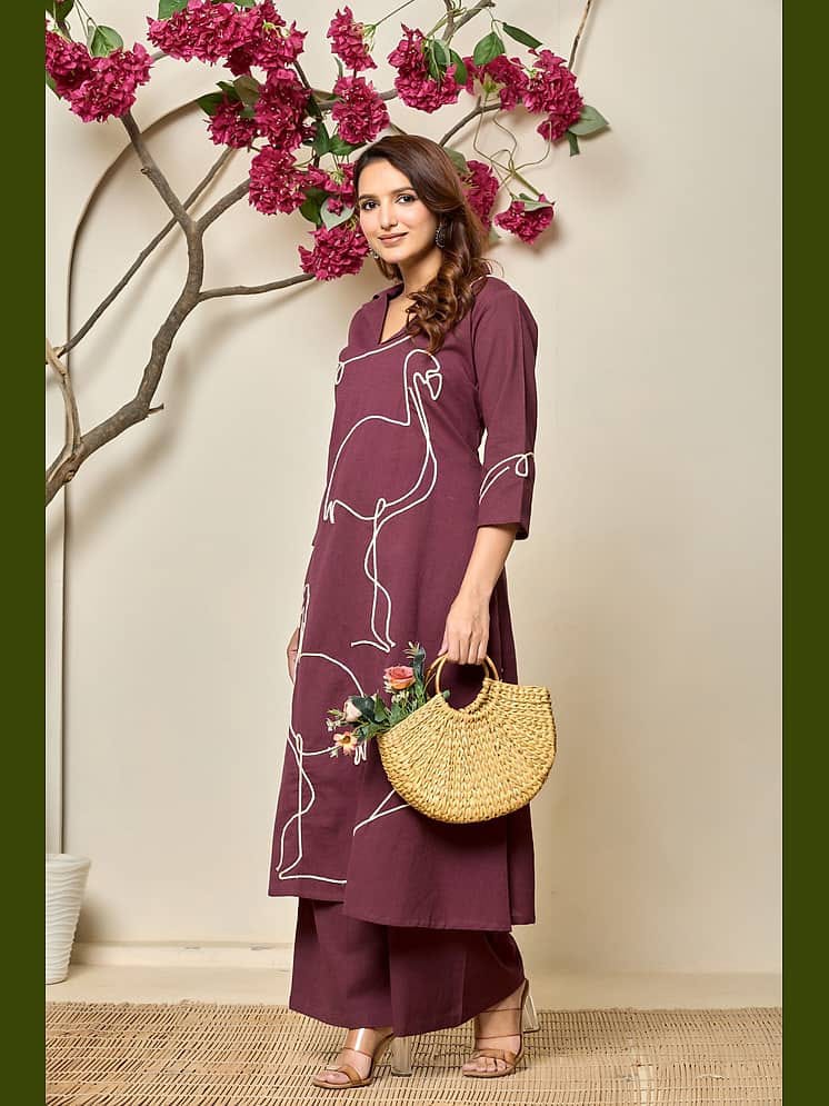 Women's Wine Purple Flamingo One-Line Embroidered Kurta with Palazzo Pants Set – Modern Fusion Ethnic Set