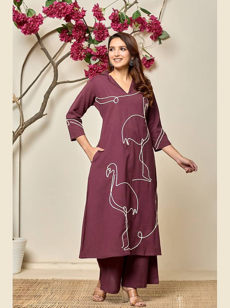 Women's Wine Purple Flamingo One-Line Embroidered Kurta with Palazzo Pants Set – Modern Fusion Ethnic Set