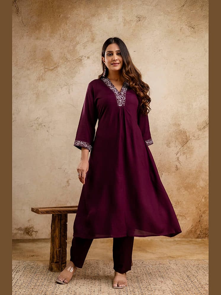 Women's Deep Plum Purple Embroidered A-Line Kurta with Trousers Set – Elegant Ethnic Suit Set
