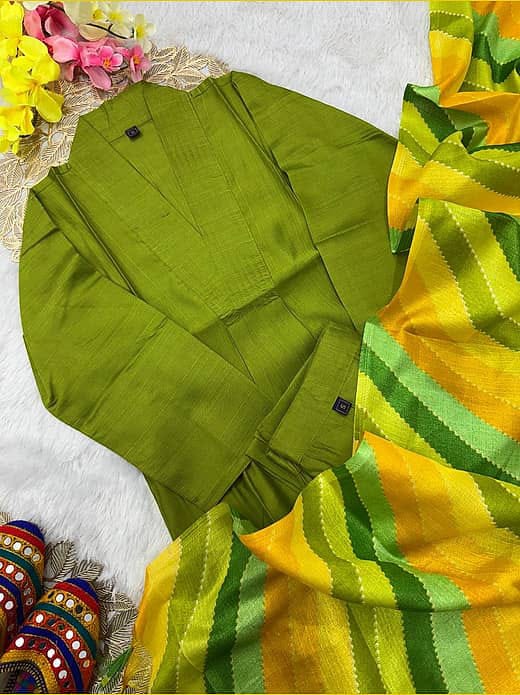 Women's Olive Green Silk Blend Collar Kurta with Trousers & Leheriya Dupatta Set