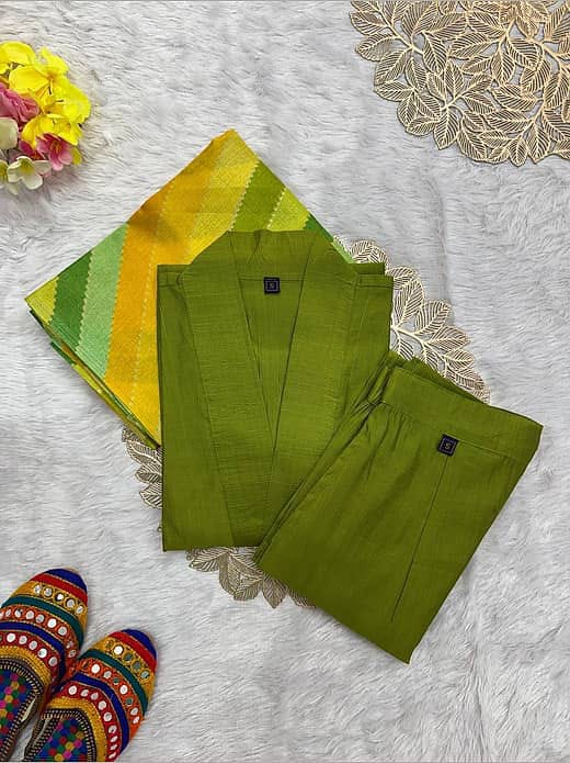 Women's Olive Green Silk Blend Collar Kurta with Trousers & Leheriya Dupatta Set