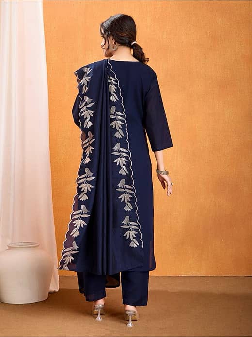 Women's Navy Blue Embroidered Cutwork Kurta with Trousers & Organza Dupatta Set – Elegant Ethnic Suit Set