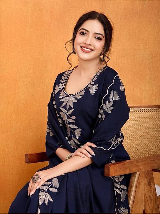 Women's Navy Blue Embroidered Cutwork Kurta with Trousers & Organza Dupatta Set – Elegant Ethnic Suit Set