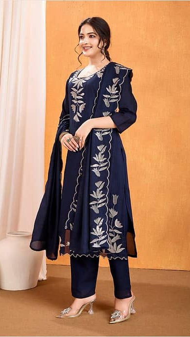 Women's Navy Blue Embroidered Cutwork Kurta with Trousers & Organza Dupatta Set – Elegant Ethnic Suit Set