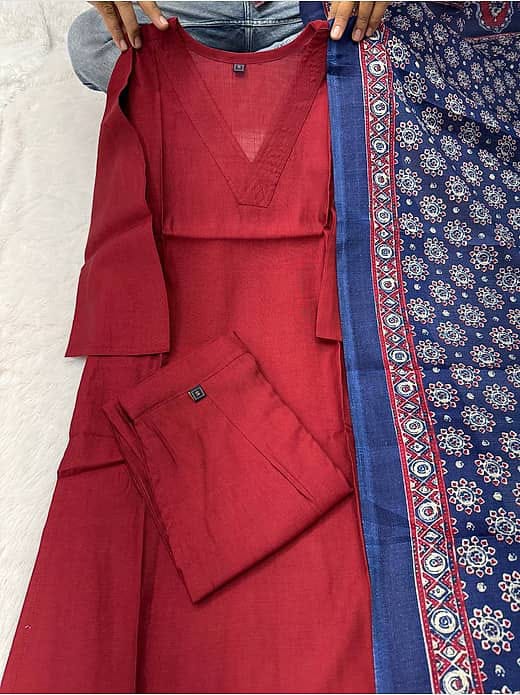 Women's Maroon Silk Blend Collar Kurta with Trousers & Indigo Block Print Dupatta Set