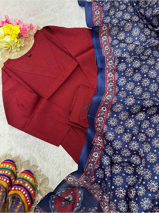Women's Maroon Silk Blend Collar Kurta with Trousers & Indigo Block Print Dupatta Set
