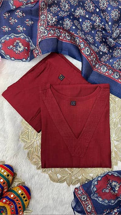Women's Maroon Silk Blend Collar Kurta with Trousers & Indigo Block Print Dupatta Set