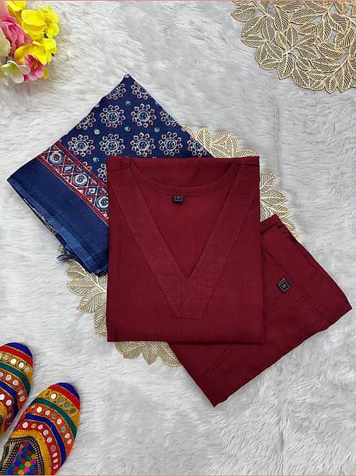 Women's Maroon Silk Blend Collar Kurta with Trousers & Indigo Block Print Dupatta Set