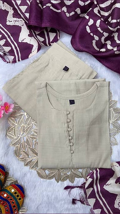Women's Beige Silk Blend Kurta with Trousers & Wine Purple Batik Printed Dupatta Set