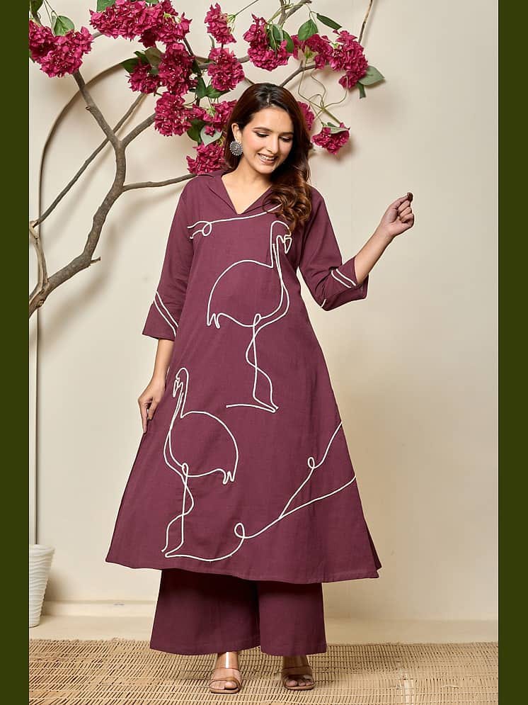 Women's Wine Purple Flamingo One-Line Embroidered Kurta with Palazzo Pants Set – Modern Fusion Ethnic Set