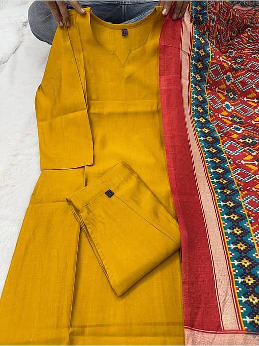 Women's Mustard Yellow Silk Blend Kurta with Trousers & Patola Printed Dupatta Set