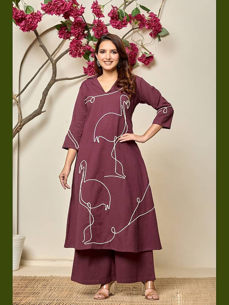 Women's Wine Purple Flamingo One-Line Embroidered Kurta with Palazzo Pants Set – Modern Fusion Ethnic Set